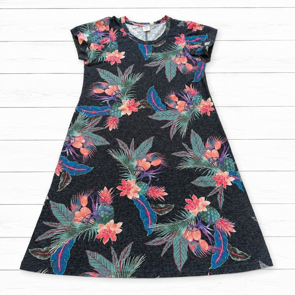 GAP Womens Tropical Floral Pineapple Ruffle Sleeve T-Shirt Dress Gray Small NEW